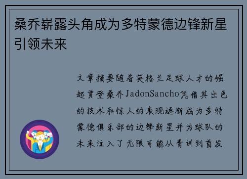 桑乔崭露头角成为多特蒙德边锋新星引领未来 桑乔崭露头角成为多特蒙德边锋新星引领未来