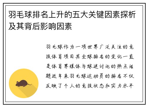 羽毛球排名上升的五大关键因素探析及其背后影响因素 羽毛球排名上升的五大关键因素探析及其背后影响因素
