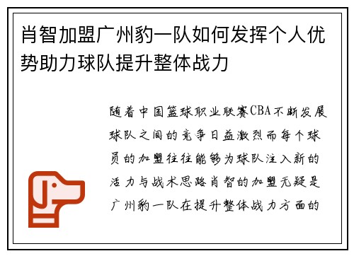 肖智加盟广州豹一队如何发挥个人优势助力球队提升整体战力 肖智加盟广州豹一队如何发挥个人优势助力球队提升整体战力