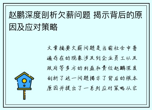 赵鹏深度剖析欠薪问题 揭示背后的原因及应对策略 赵鹏深度剖析欠薪问题 揭示背后的原因及应对策略